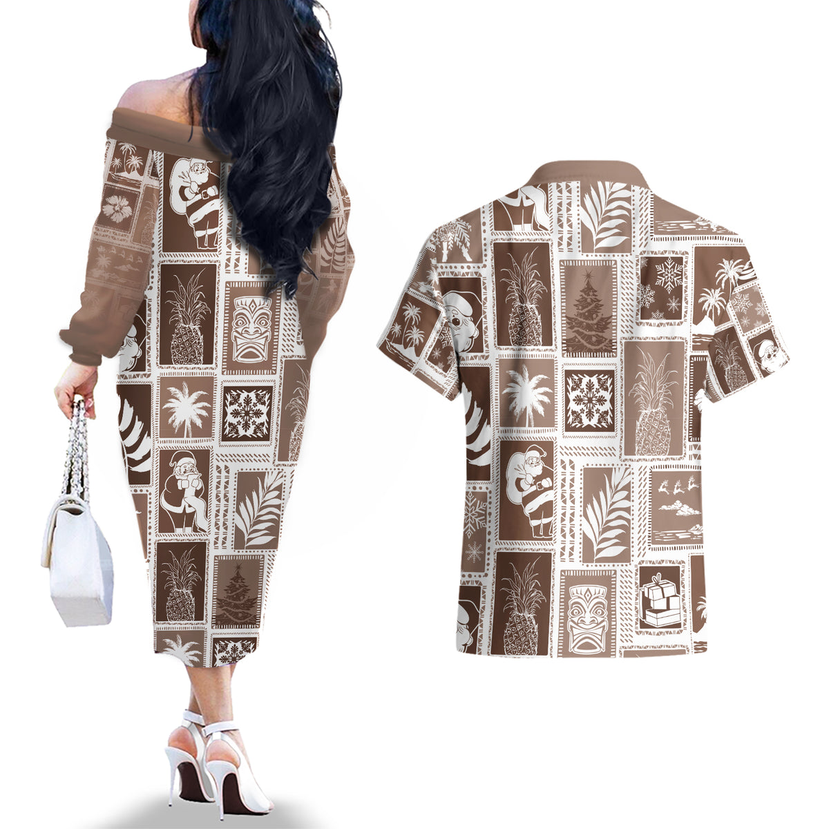 Hawaii Christmas Retro Patchwork Couples Matching Off The Shoulder Long Sleeve Dress and Hawaiian Shirt Brown LT7 - Polynesian Pride