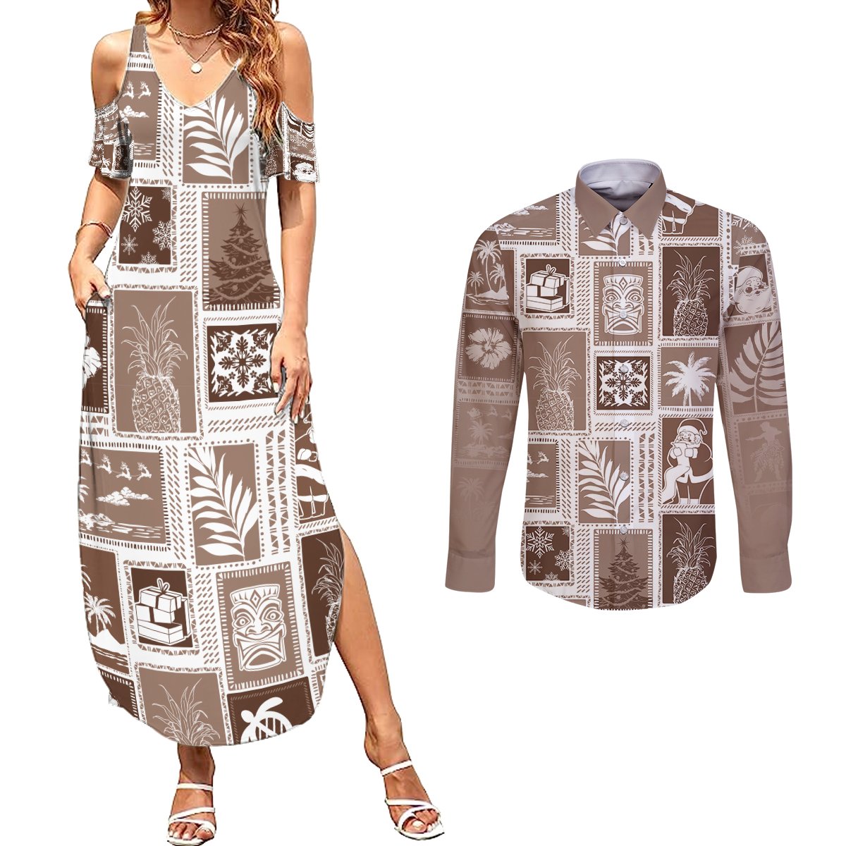 Hawaii Christmas Retro Patchwork Couples Matching Summer Maxi Dress and Long Sleeve Button Shirt Brown LT7 Brown - Polynesian Pride