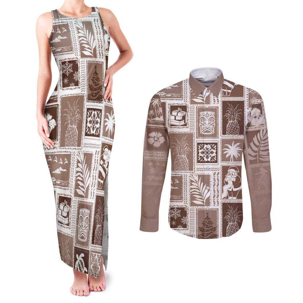 Hawaii Christmas Retro Patchwork Couples Matching Tank Maxi Dress and Long Sleeve Button Shirt Brown LT7 Brown - Polynesian Pride