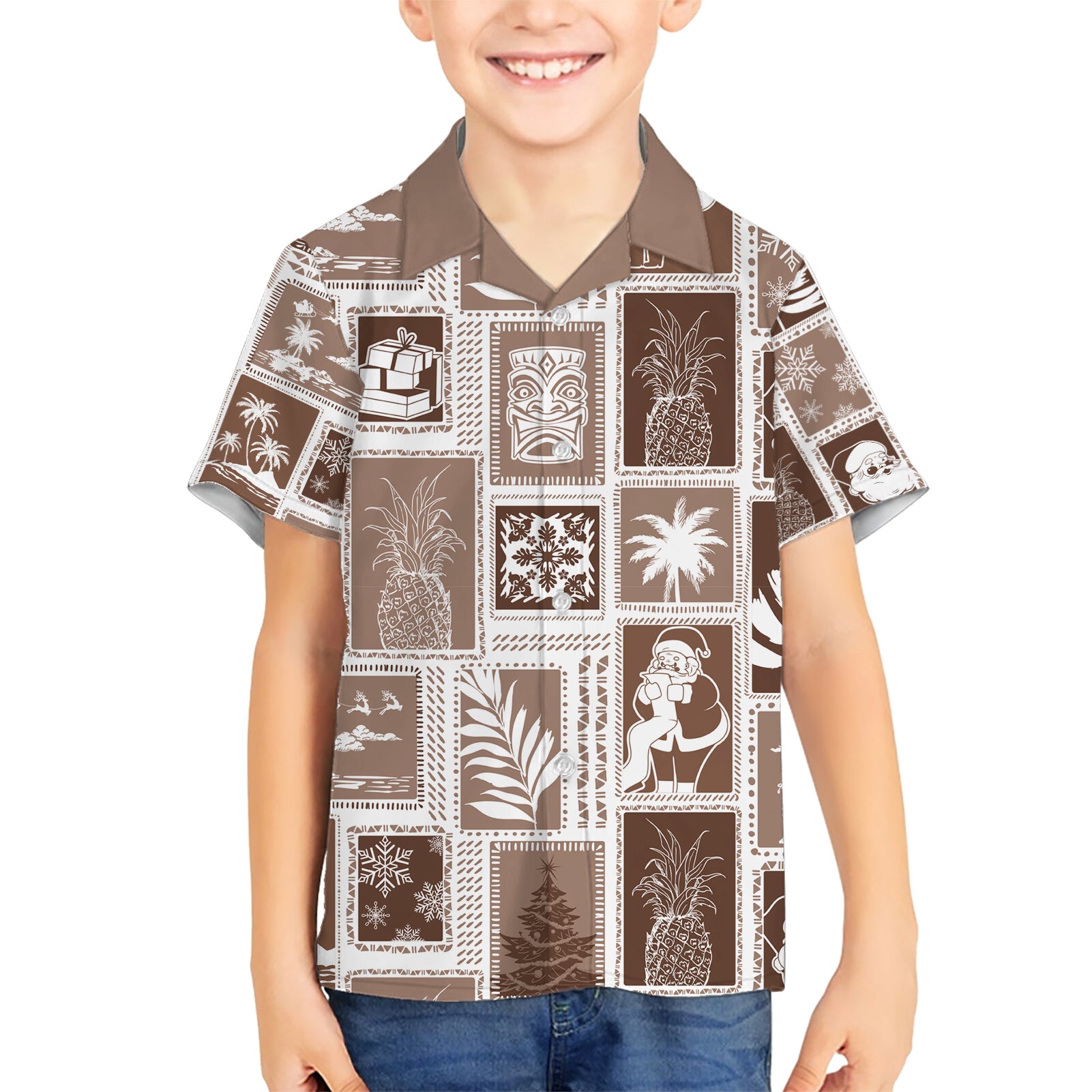 Hawaii Christmas Retro Patchwork Kid Hawaiian Shirt Brown LT7 Kid Brown - Polynesian Pride