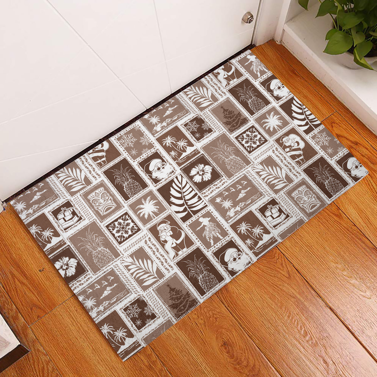 Hawaii Christmas Retro Patchwork Rubber Doormat Brown LT7 Brown - Polynesian Pride