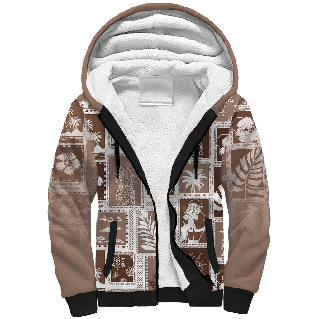 Hawaii Christmas Retro Patchwork Sherpa Hoodie Brown LT7 Unisex Brown - Polynesian Pride