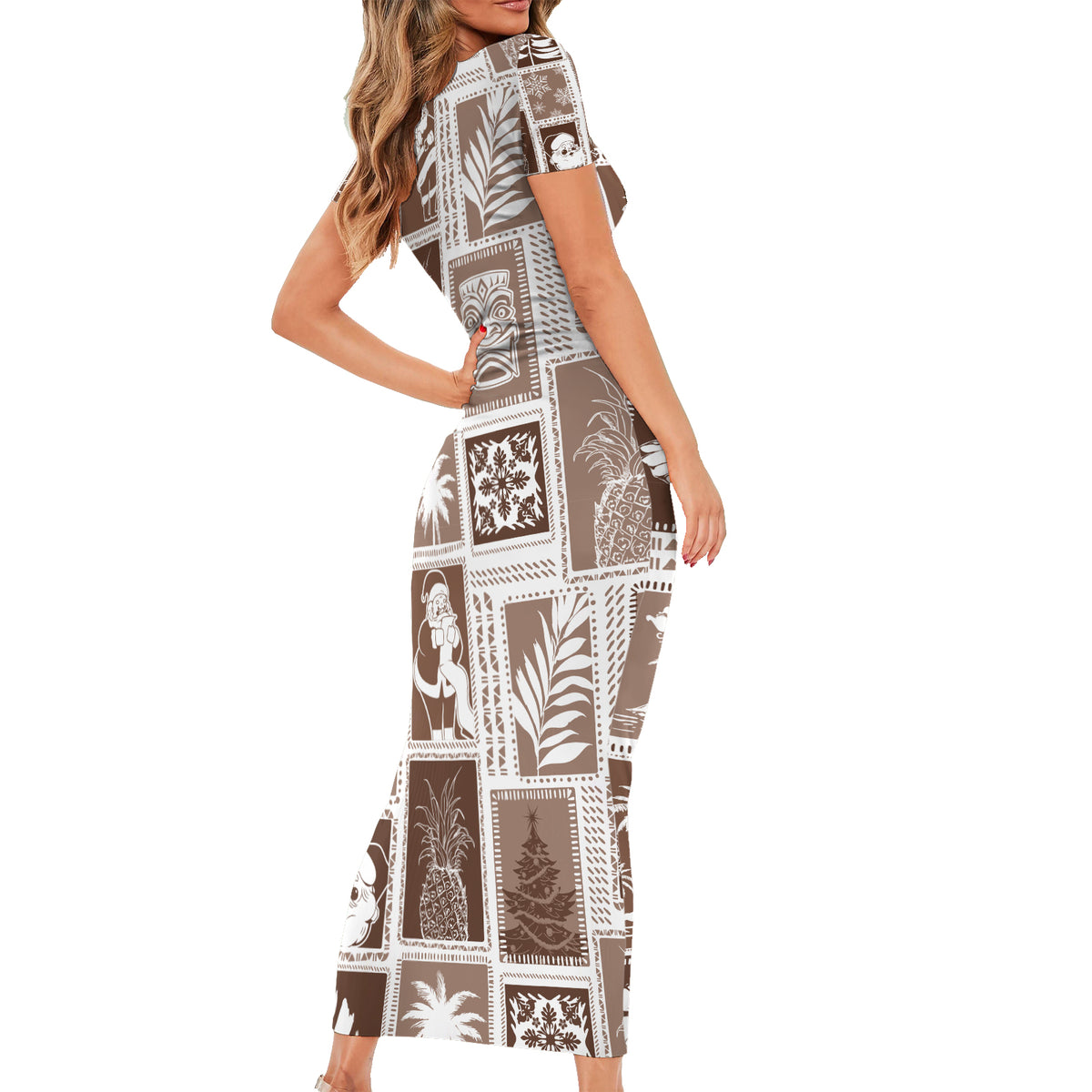 Hawaii Christmas Retro Patchwork Short Sleeve Bodycon Dress Brown LT7 - Polynesian Pride