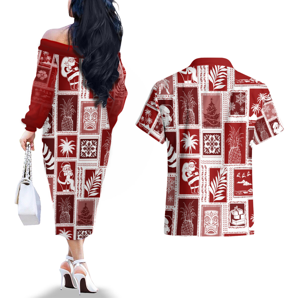 Hawaii Christmas Retro Patchwork Couples Matching Off The Shoulder Long Sleeve Dress and Hawaiian Shirt Red LT7 - Polynesian Pride