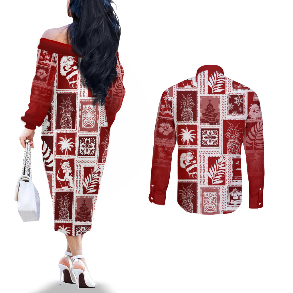 Hawaii Christmas Retro Patchwork Couples Matching Off The Shoulder Long Sleeve Dress and Long Sleeve Button Shirt Red LT7 - Polynesian Pride