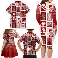 Hawaii Christmas Retro Patchwork Family Matching Long Sleeve Bodycon Dress and Hawaiian Shirt Red LT7 - Polynesian Pride