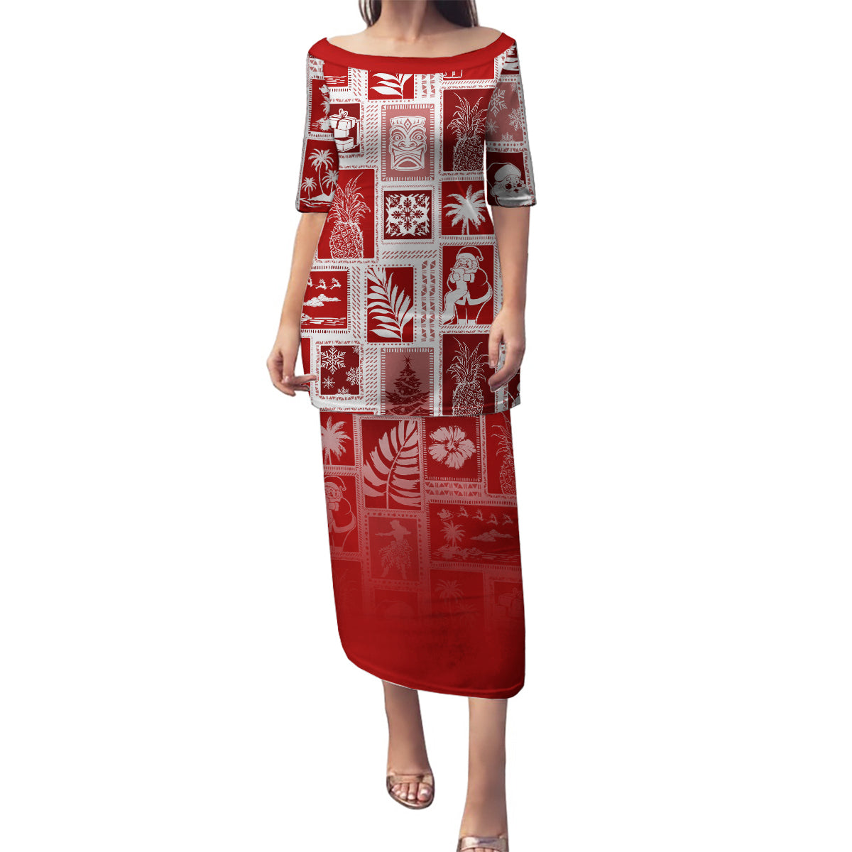 Hawaii Christmas Retro Patchwork Family Matching Puletasi Dress and Hawaiian Shirt Red LT7 Mom's Dress Red - Polynesian Pride