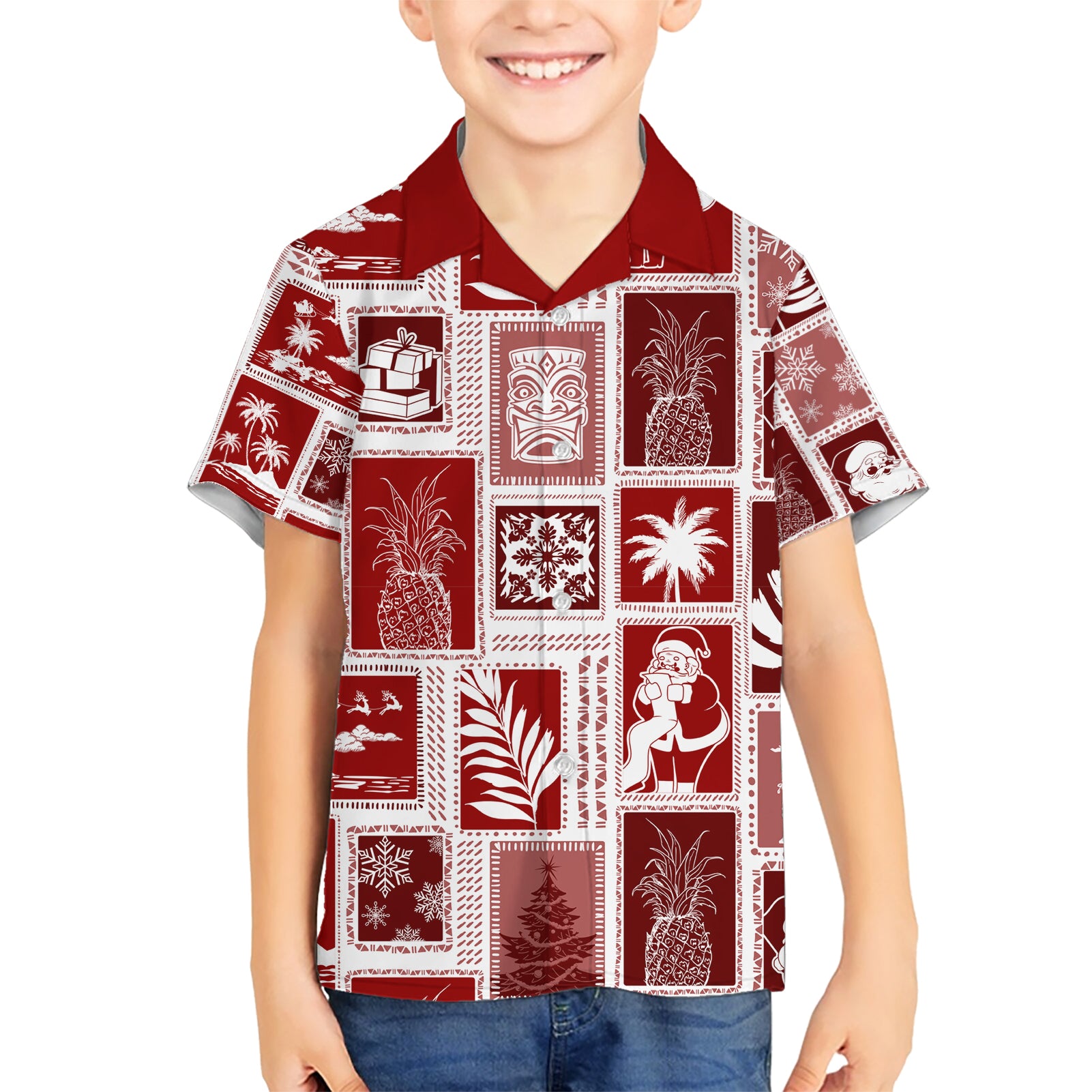 Hawaii Christmas Retro Patchwork Kid Hawaiian Shirt Red LT7 Kid Red - Polynesian Pride
