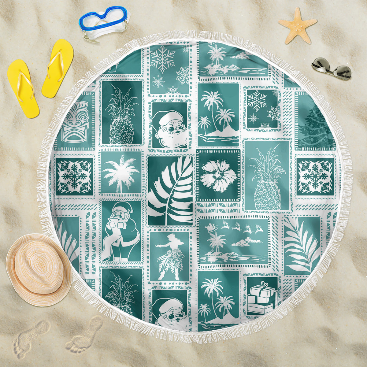 Hawaii Christmas Retro Patchwork Beach Blanket Teal LT7 One Size 150cm Teal - Polynesian Pride
