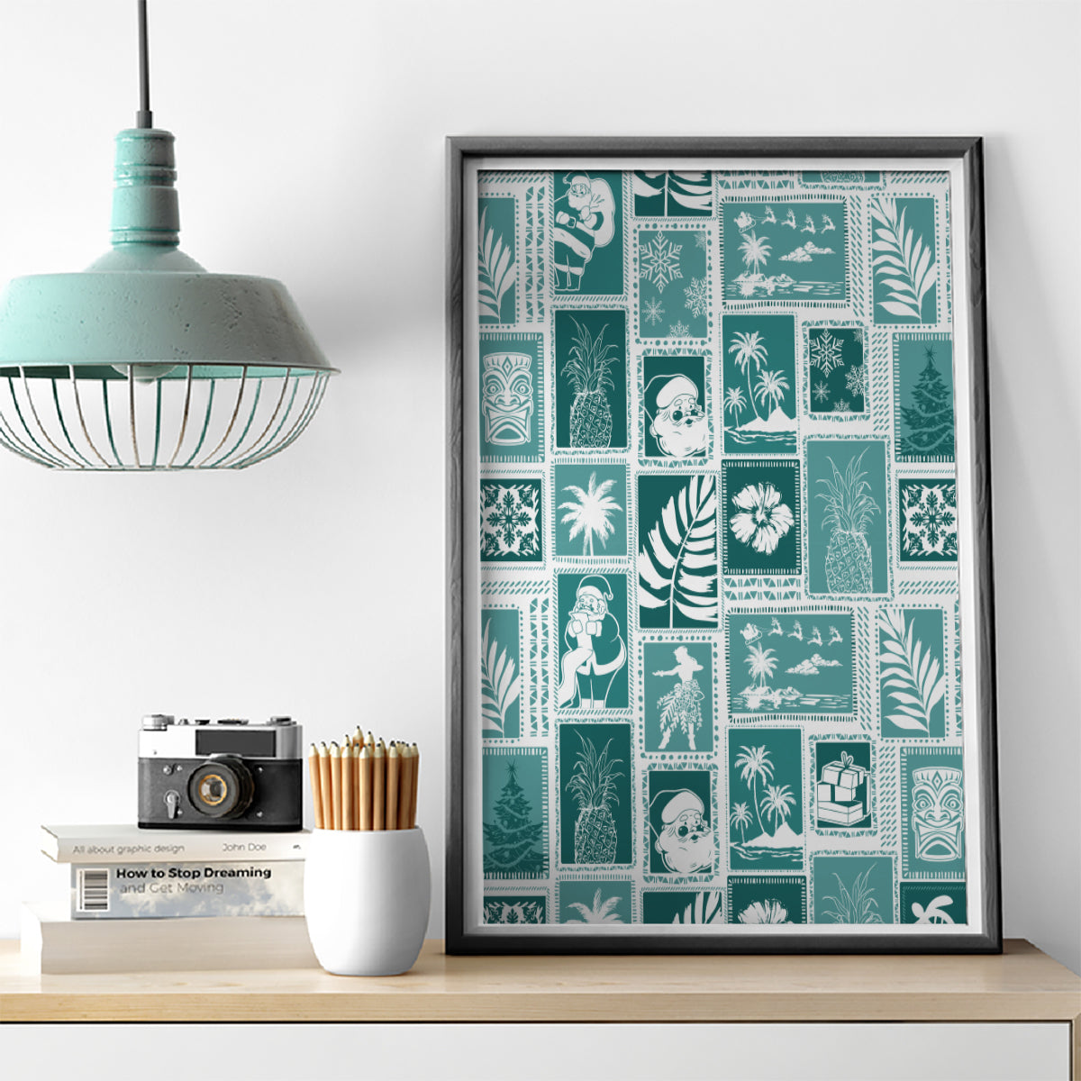 Hawaii Christmas Retro Patchwork Canvas Wall Art Teal LT7 - Polynesian Pride