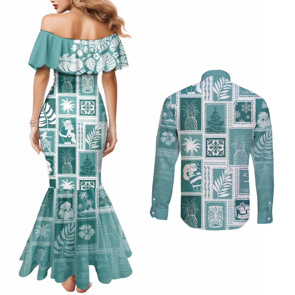 Hawaii Christmas Retro Patchwork Couples Matching Mermaid Dress and Long Sleeve Button Shirt Teal LT7 - Polynesian Pride