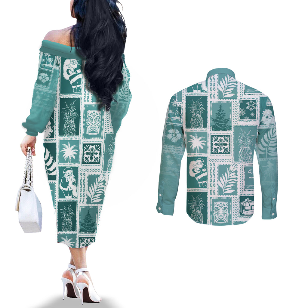 Hawaii Christmas Retro Patchwork Couples Matching Off The Shoulder Long Sleeve Dress and Long Sleeve Button Shirt Teal LT7 - Polynesian Pride