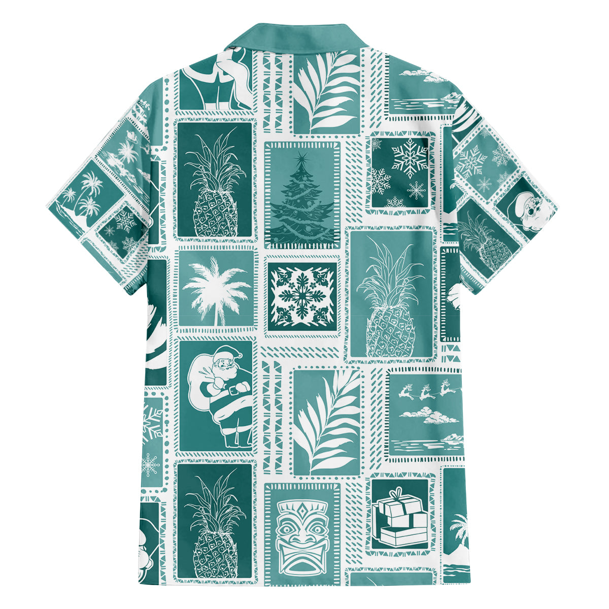 Hawaii Christmas Retro Patchwork Family Matching Off Shoulder Long Sleeve Dress and Hawaiian Shirt Teal LT7 - Polynesian Pride