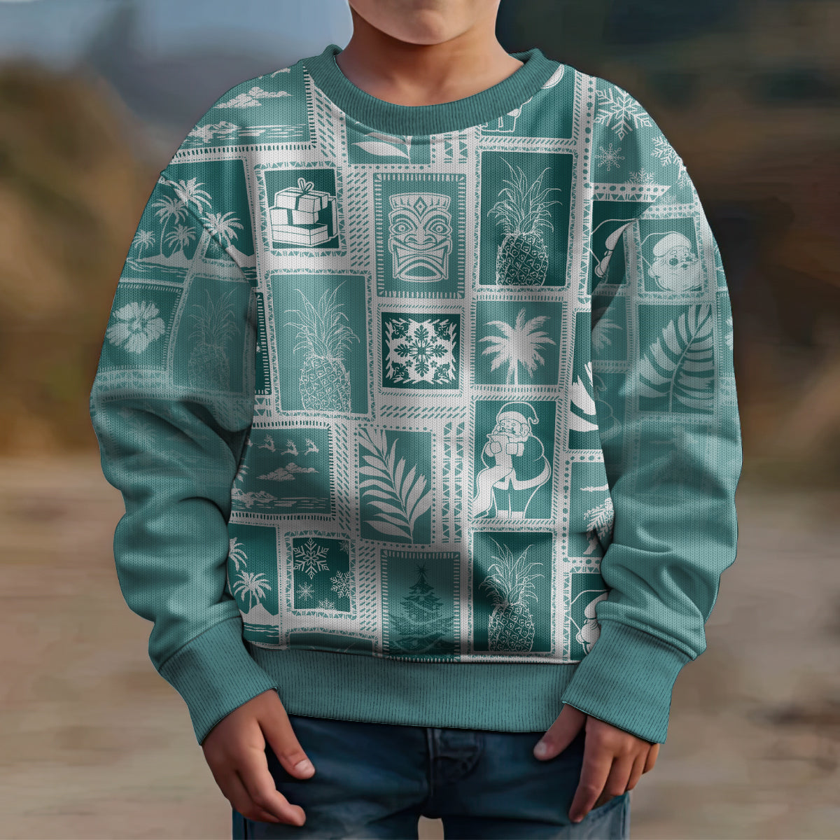 Hawaii Christmas Kid Ugly Christmas Sweater Retro Patchwork - Teal LT7 - Polynesian Pride