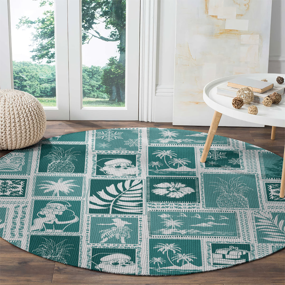 Hawaii Christmas Retro Patchwork Round Carpet Teal LT7 - Polynesian Pride