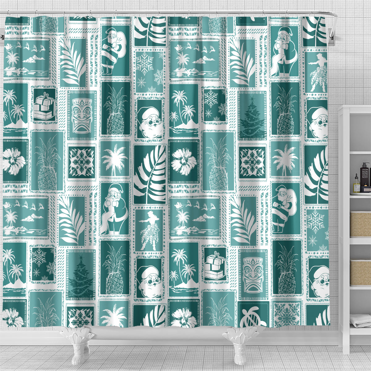 Hawaii Christmas Retro Patchwork Shower Curtain Teal LT7 - Polynesian Pride