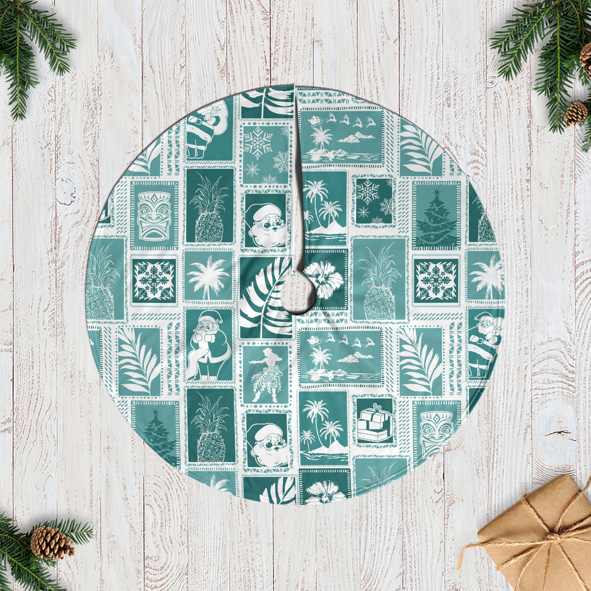 Hawaii Christmas Tree Skirt Retro Patchwork - Teal LT7 Casual Tree Skirts Teal - Polynesian Pride