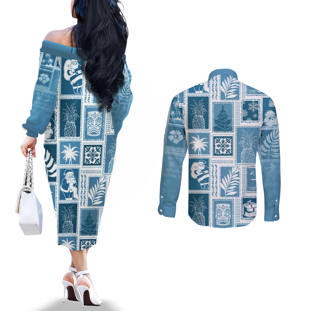 Hawaii Christmas Retro Patchwork Couples Matching Off The Shoulder Long Sleeve Dress and Long Sleeve Button Shirt Aquamarine LT7 - Polynesian Pride
