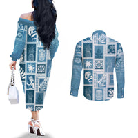 Hawaii Christmas Retro Patchwork Couples Matching Off The Shoulder Long Sleeve Dress and Long Sleeve Button Shirt Aquamarine LT7 - Polynesian Pride