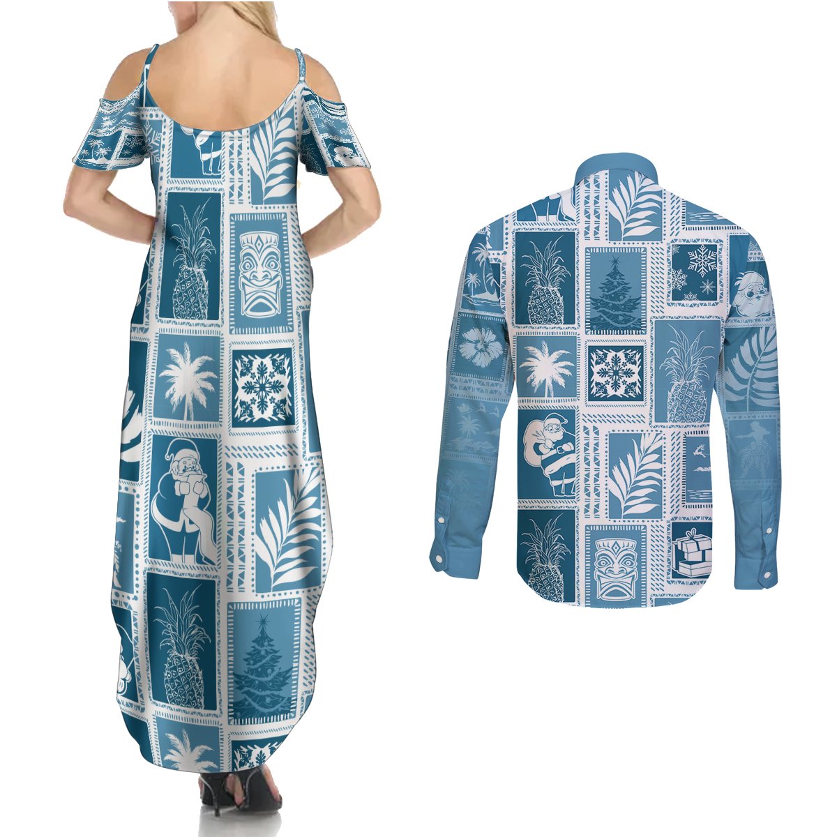 Hawaii Christmas Retro Patchwork Couples Matching Summer Maxi Dress and Long Sleeve Button Shirt Aquamarine LT7 - Polynesian Pride