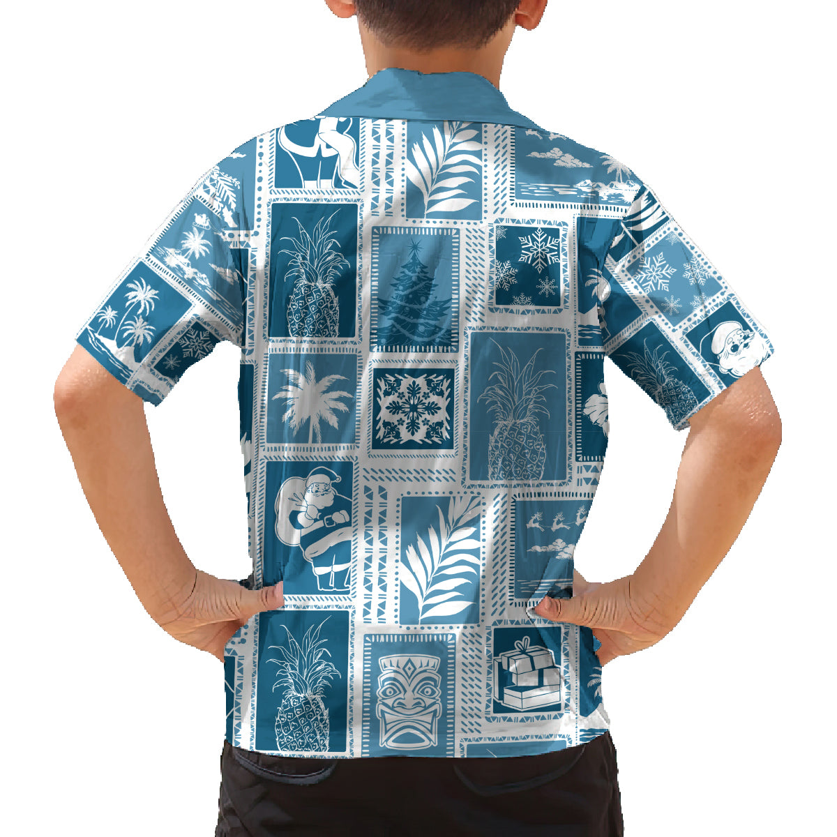 Hawaii Christmas Retro Patchwork Family Matching Off Shoulder Short Dress and Hawaiian Shirt Aquamarine LT7 - Polynesian Pride