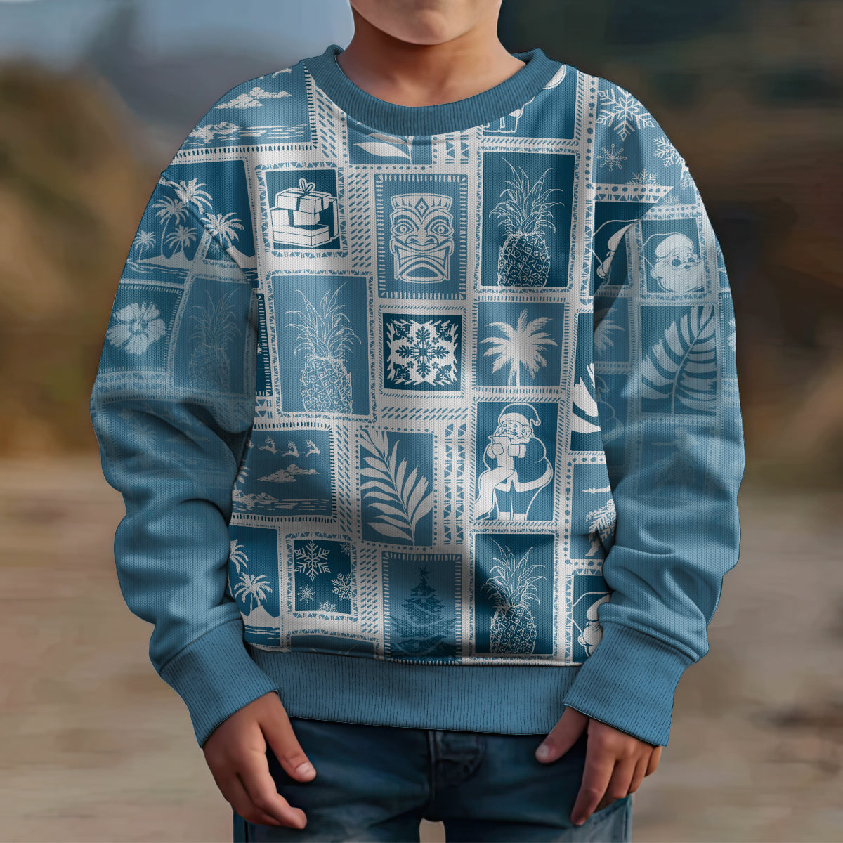 Hawaii Christmas Kid Ugly Christmas Sweater Retro Patchwork - Aquamarine LT7 - Polynesian Pride