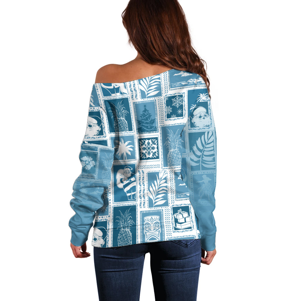 Hawaii Christmas Retro Patchwork Off Shoulder Sweater Aquamarine LT7 - Polynesian Pride