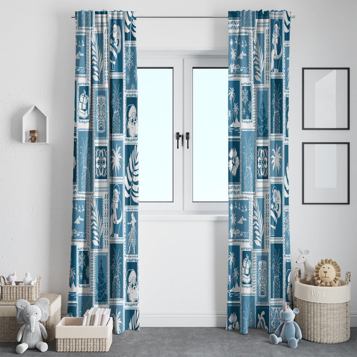 Hawaii Christmas Retro Patchwork Window Curtain Aquamarine LT7 - Polynesian Pride