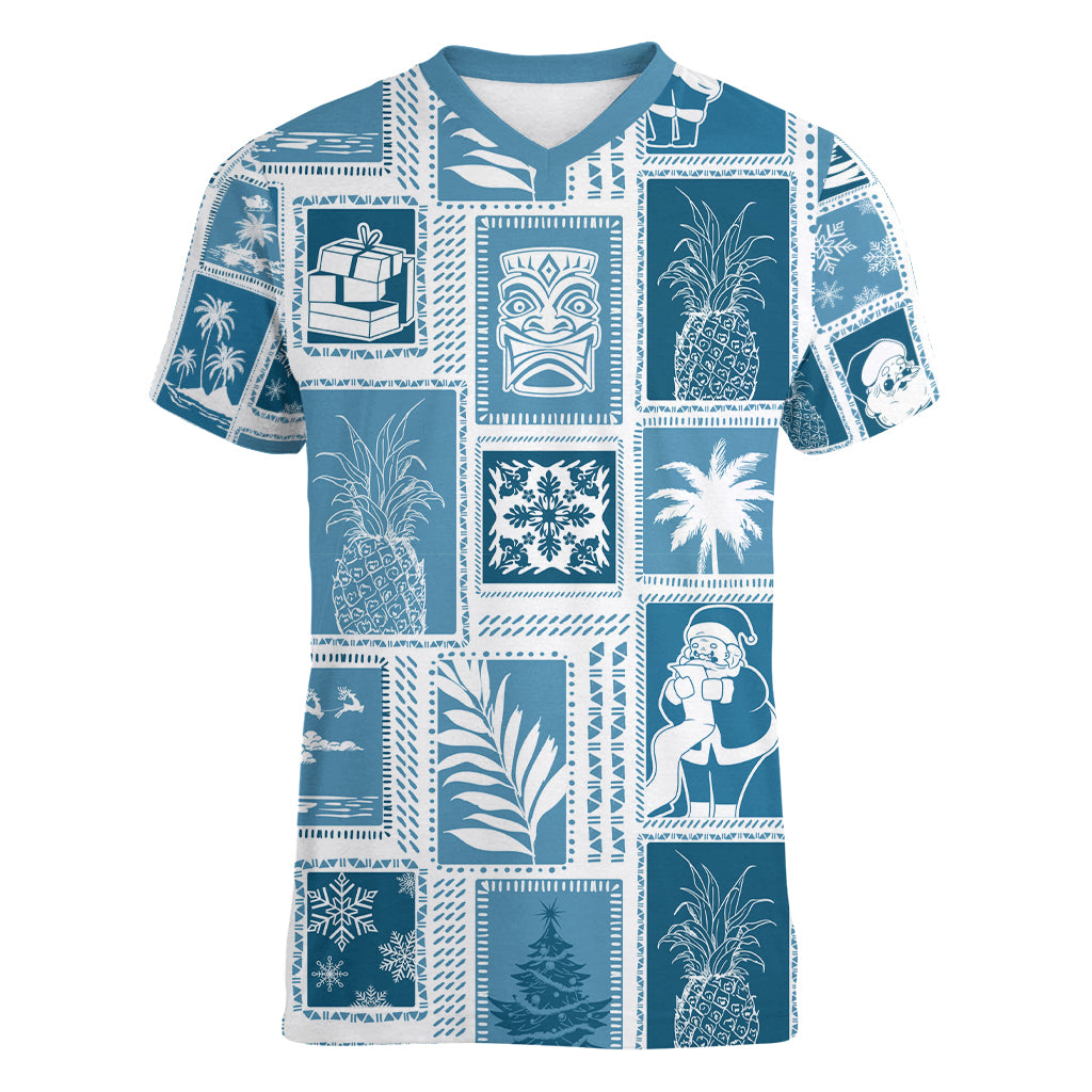 Hawaii Christmas Retro Patchwork Women V Neck T Shirt Aquamarine LT7 Female Aquamarine - Polynesian Pride