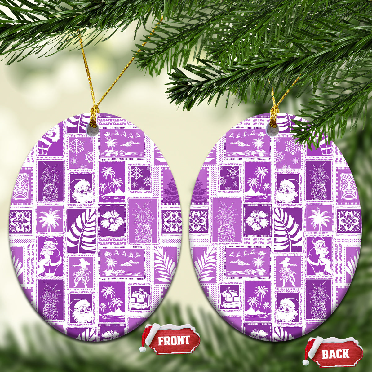 Hawaii Christmas Ceramic Ornament Retro Patchwork - Violet LT7 Oval Violet - Polynesian Pride