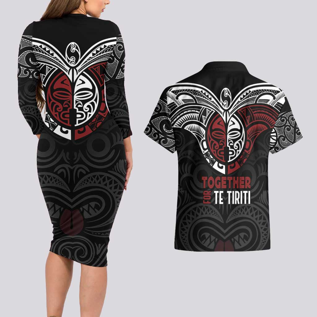 Maori Hongi Toitu Te Tiriti Couples Matching Long Sleeve Bodycon Dress and Hawaiian Shirt Tangata Tiriti Stand With Tangata Whenua LT7 - Polynesian Pride