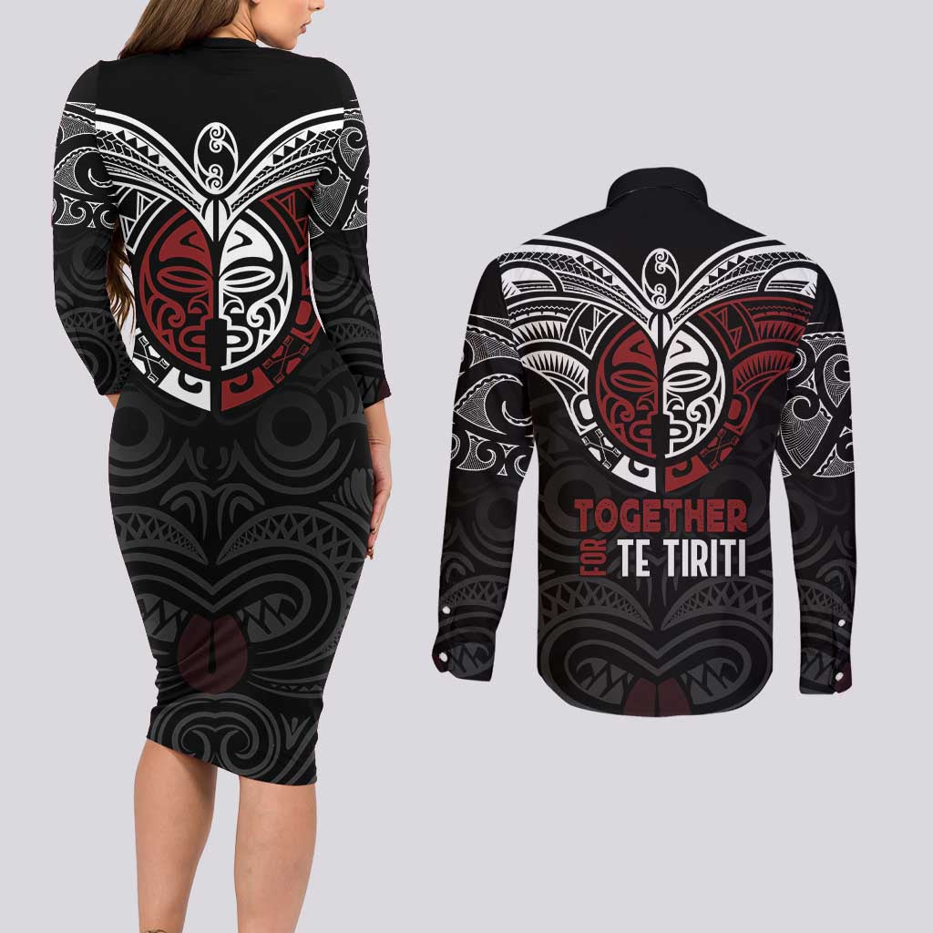 Maori Hongi Toitu Te Tiriti Couples Matching Long Sleeve Bodycon Dress and Long Sleeve Button Shirt Tangata Tiriti Stand With Tangata Whenua