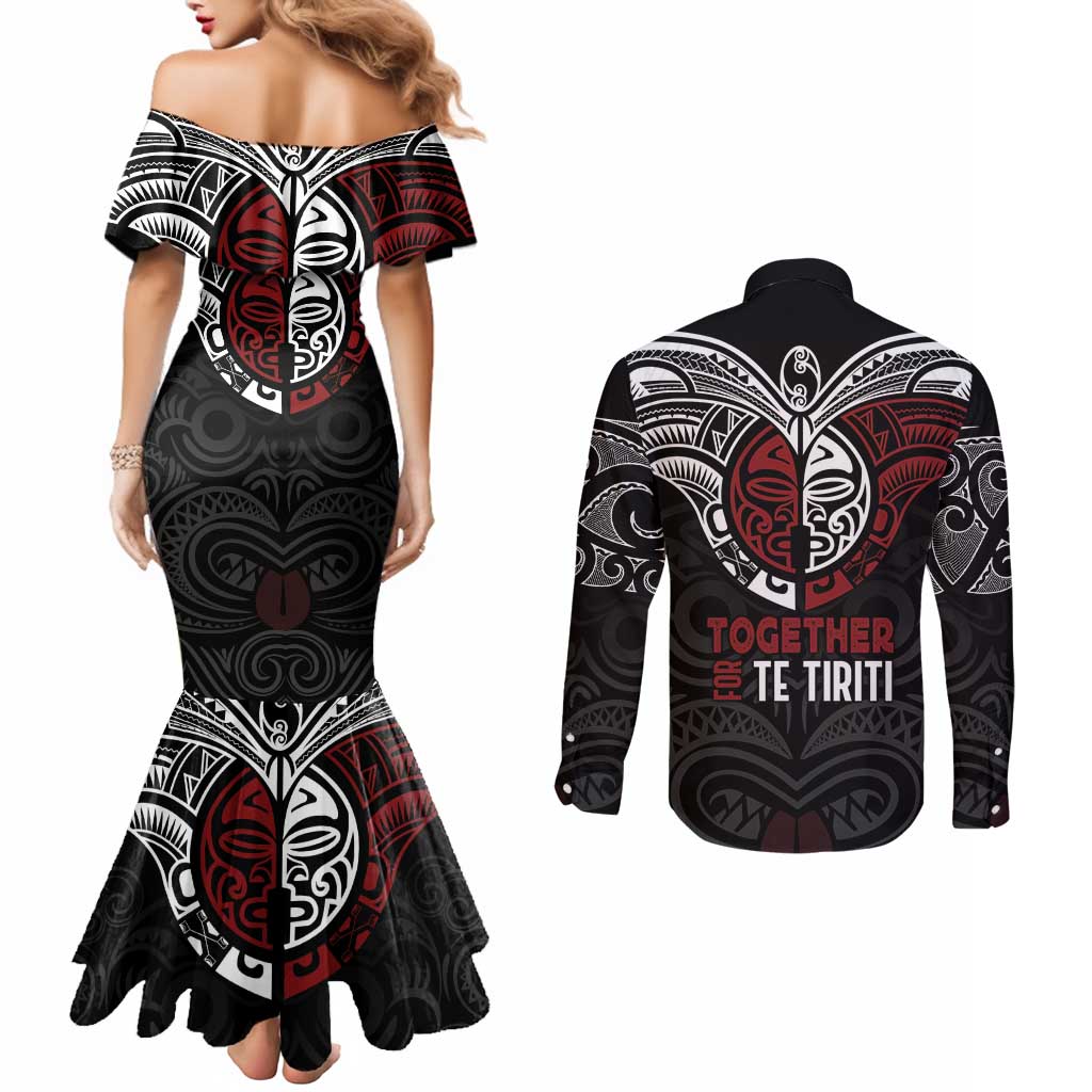 Maori Hongi Toitu Te Tiriti Couples Matching Mermaid Dress and Long Sleeve Button Shirt Tangata Tiriti Stand With Tangata Whenua