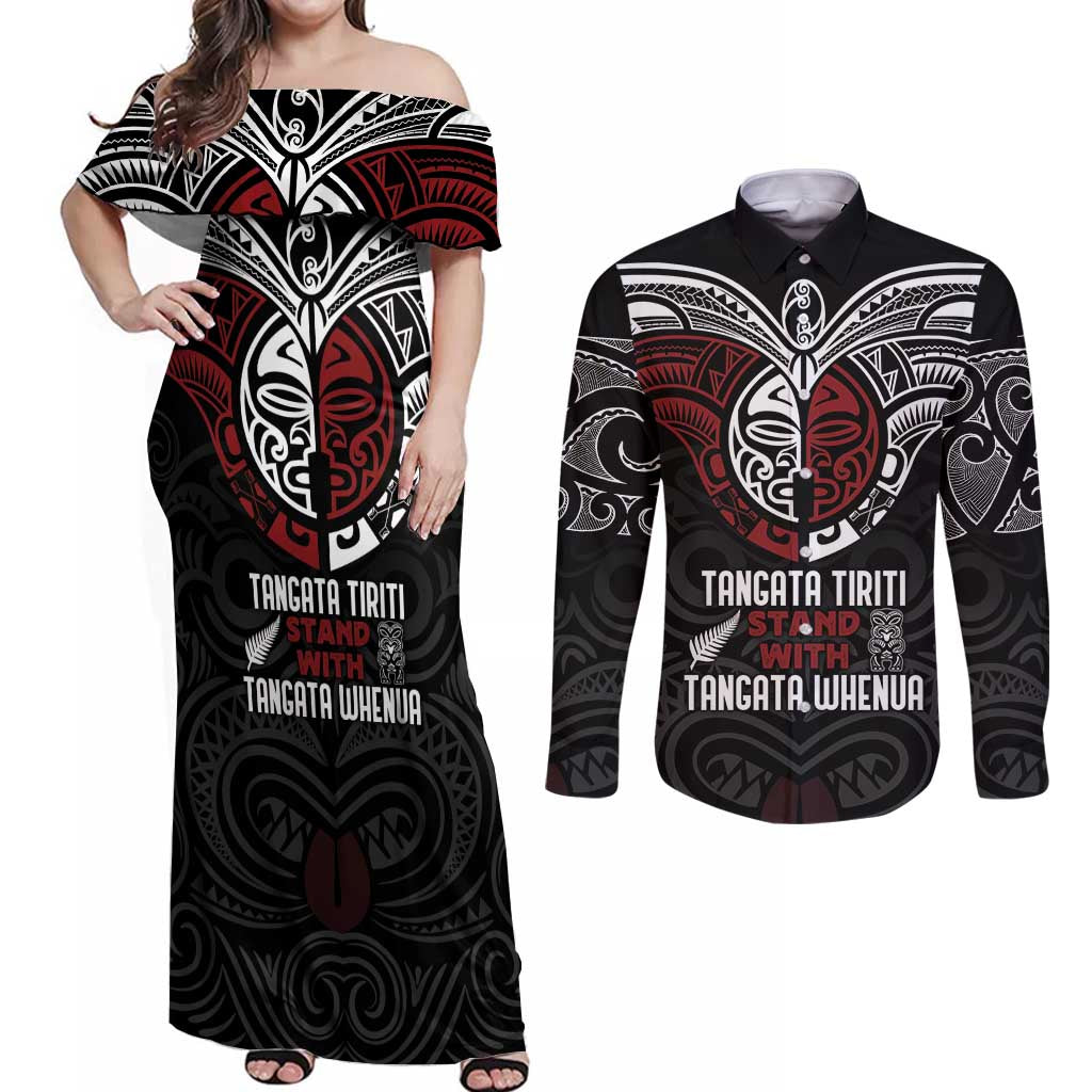 Maori Hongi Toitu Te Tiriti Couples Matching Off Shoulder Maxi Dress and Long Sleeve Button Shirt Tangata Tiriti Stand With Tangata Whenua