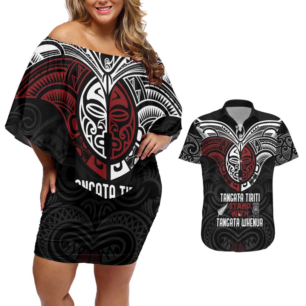 Maori Hongi Toitu Te Tiriti Couples Matching Off Shoulder Short Dress and Hawaiian Shirt Tangata Tiriti Stand With Tangata Whenua