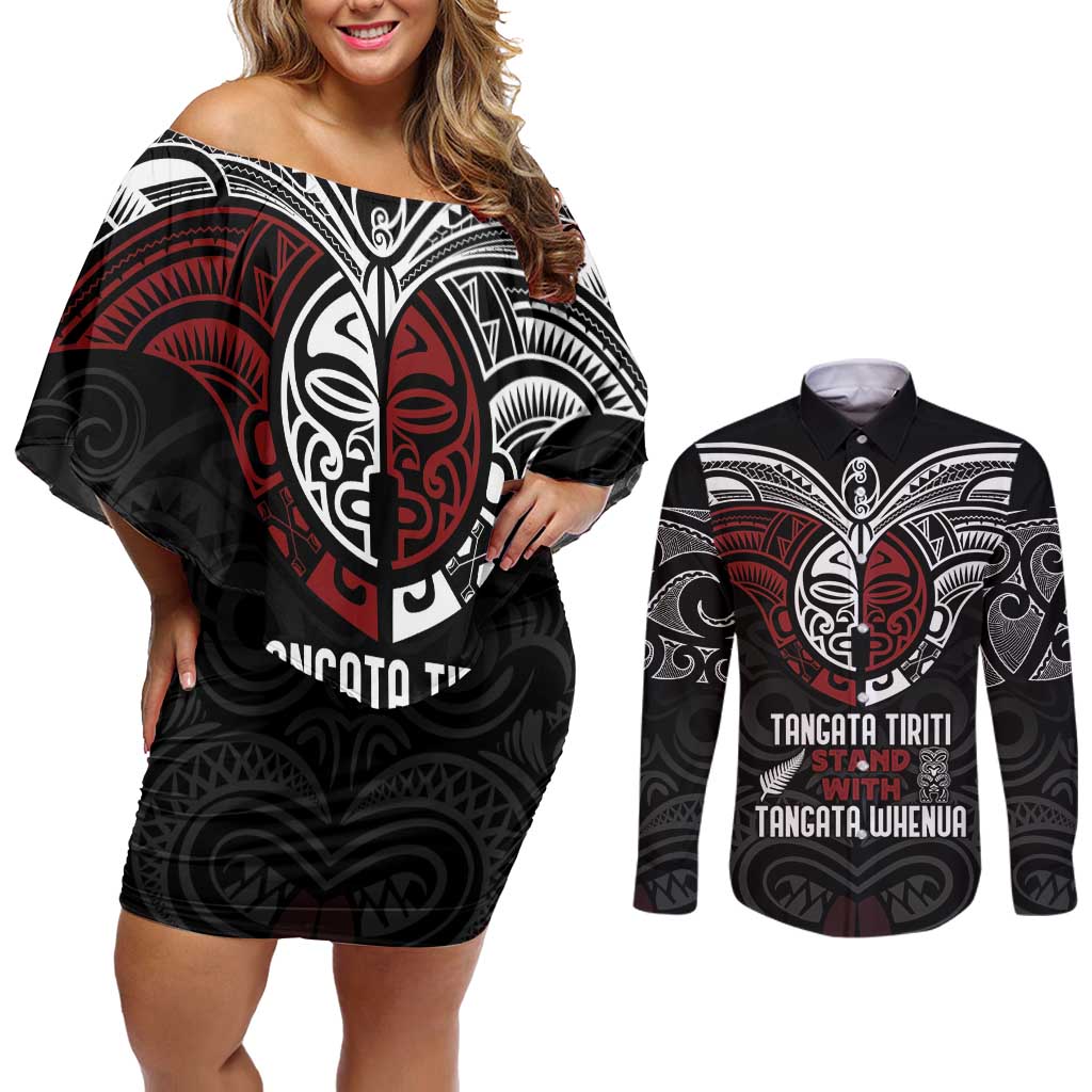 Maori Hongi Toitu Te Tiriti Couples Matching Off Shoulder Short Dress and Long Sleeve Button Shirt Tangata Tiriti Stand With Tangata Whenua