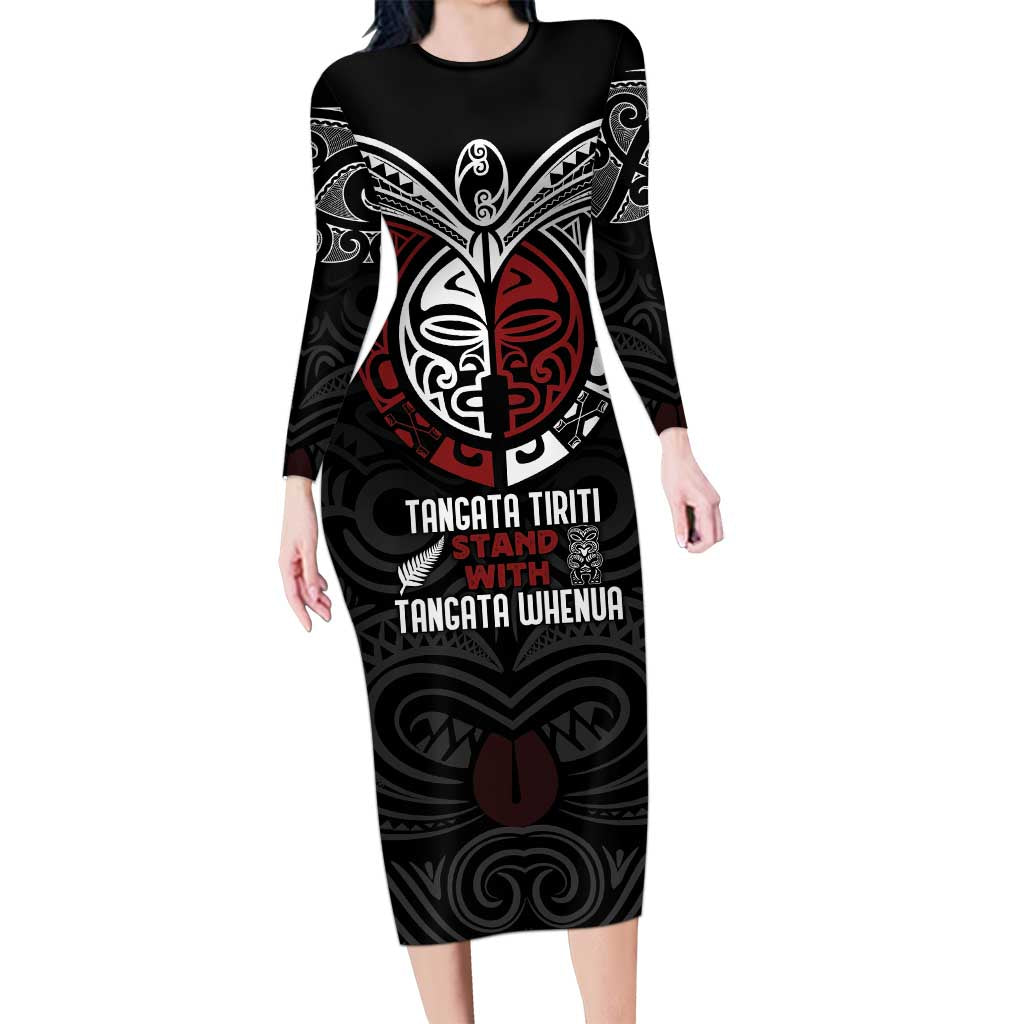 Maori Hongi Toitu Te Tiriti Long Sleeve Bodycon Dress Tangata Tiriti Stand With Tangata Whenua LT7 Long Dress Black - Polynesian Pride