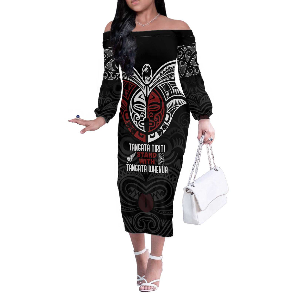 Maori Hongi Toitu Te Tiriti Off The Shoulder Long Sleeve Dress Tangata Tiriti Stand With Tangata Whenua LT7 Women Black - Polynesian Pride