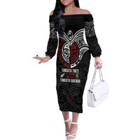 Maori Hongi Toitu Te Tiriti Off The Shoulder Long Sleeve Dress Tangata Tiriti Stand With Tangata Whenua LT7 Women Black - Polynesian Pride