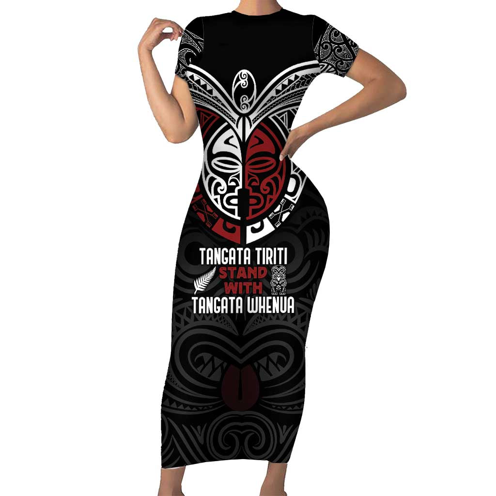 Maori Hongi Toitu Te Tiriti Short Sleeve Bodycon Dress Tangata Tiriti Stand With Tangata Whenua LT7 Long Dress Black - Polynesian Pride