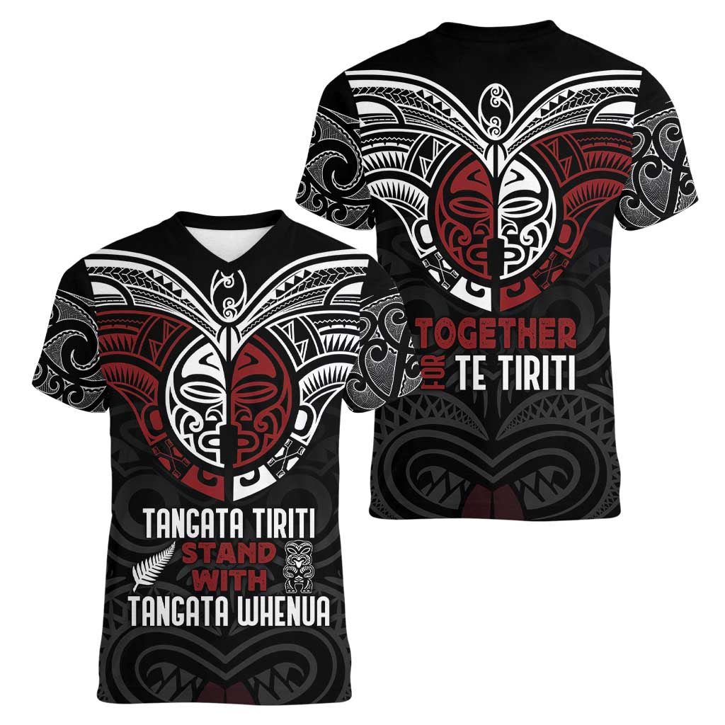 Maori Hongi Toitu Te Tiriti Women V-Neck T-Shirt Tangata Tiriti Stand With Tangata Whenua