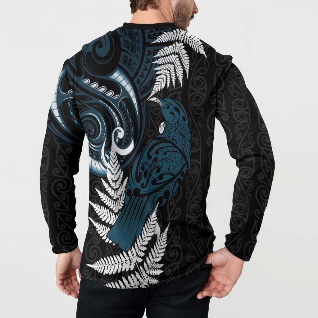 New Zealand Tui Bird Button Sweatshirt Maori Kowhaiwhai