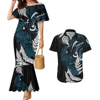 New Zealand Tui Bird Couples Matching Mermaid Dress and Hawaiian Shirt Maori Kowhaiwhai LT7 Teal - Polynesian Pride
