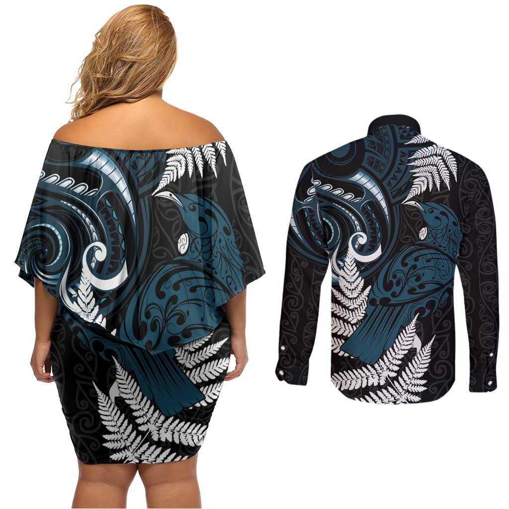 New Zealand Tui Bird Couples Matching Off Shoulder Short Dress and Long Sleeve Button Shirt Maori Kowhaiwhai
