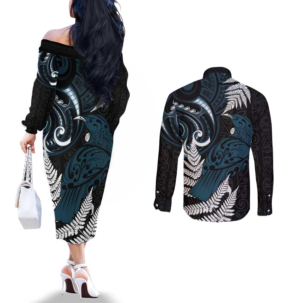 New Zealand Tui Bird Couples Matching Off The Shoulder Long Sleeve Dress and Long Sleeve Button Shirt Maori Kowhaiwhai