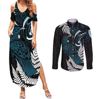 New Zealand Tui Bird Couples Matching Summer Maxi Dress and Long Sleeve Button Shirt Maori Kowhaiwhai