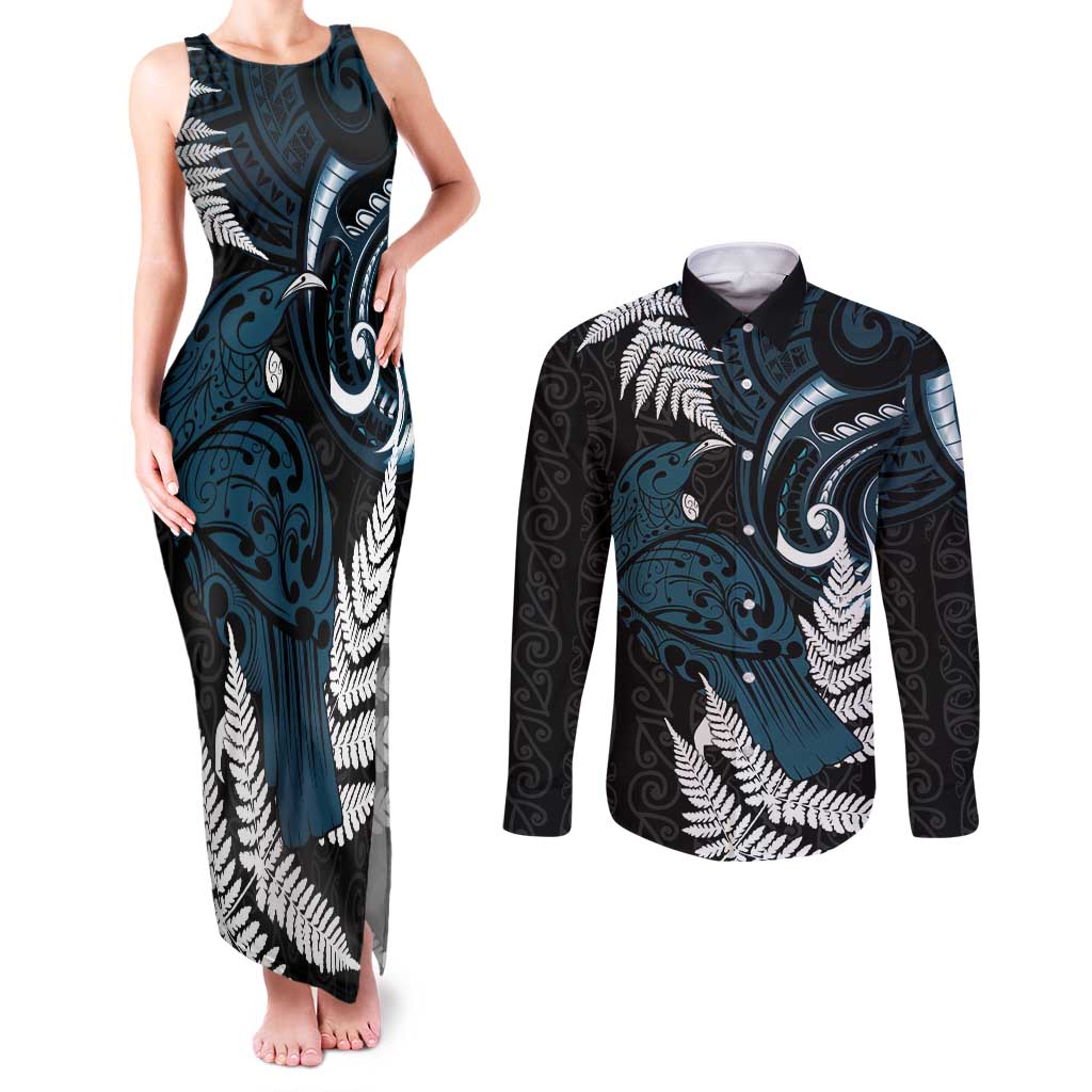 New Zealand Tui Bird Couples Matching Tank Maxi Dress and Long Sleeve Button Shirt Maori Kowhaiwhai