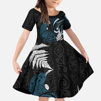 New Zealand Tui Bird Family Matching Long Sleeve Bodycon Dress and Hawaiian Shirt Maori Kowhaiwhai LT7 Daughter's Dress Teal - Polynesian Pride