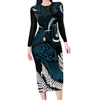 New Zealand Tui Bird Family Matching Long Sleeve Bodycon Dress and Hawaiian Shirt Maori Kowhaiwhai LT7 Mom's Dress Teal - Polynesian Pride