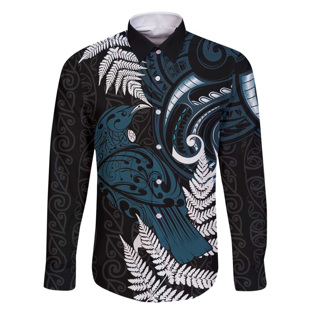 New Zealand Tui Bird Family Matching Mermaid Dress and Hawaiian Shirt Maori Kowhaiwhai LT7 Dad's Shirt - Long Sleeve Teal - Polynesian Pride